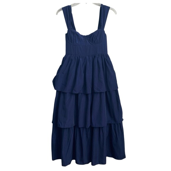 WeWoreWhat‎ Revolve NWT Corset Tiered Poplin Midi Dress Navy Blue Retro Size 0 - Picture 1 of 12
